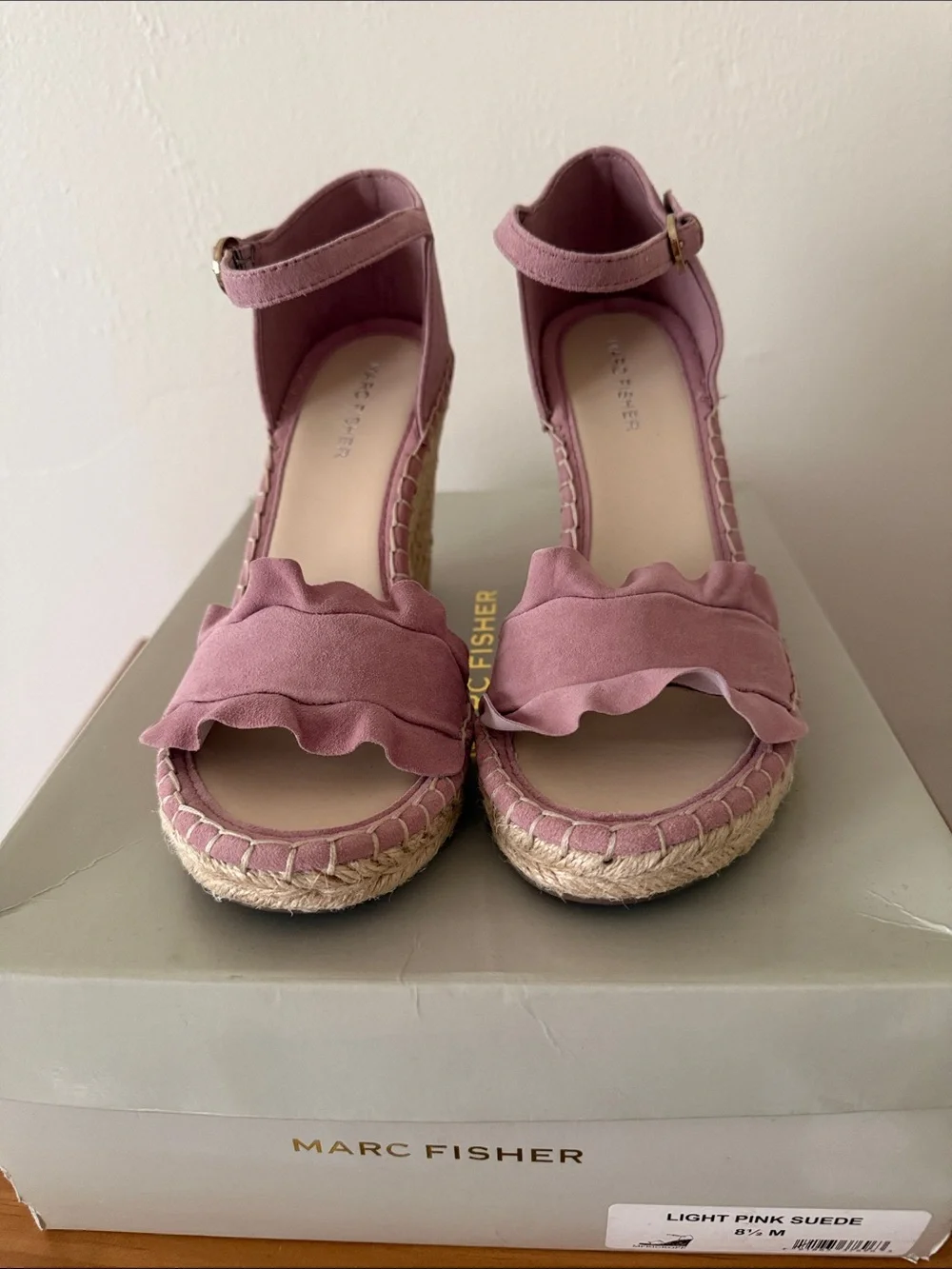 Marc Fisher Pink Suede Ruffle Espadrille Wedge Sandals